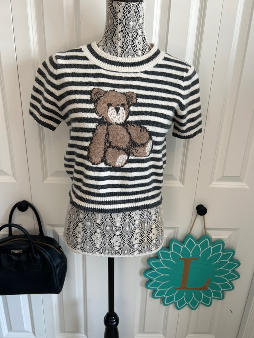 Freshman 1996 Teddy Bear Intarsia Knit Striped Sweater - Coquette Aesthetic